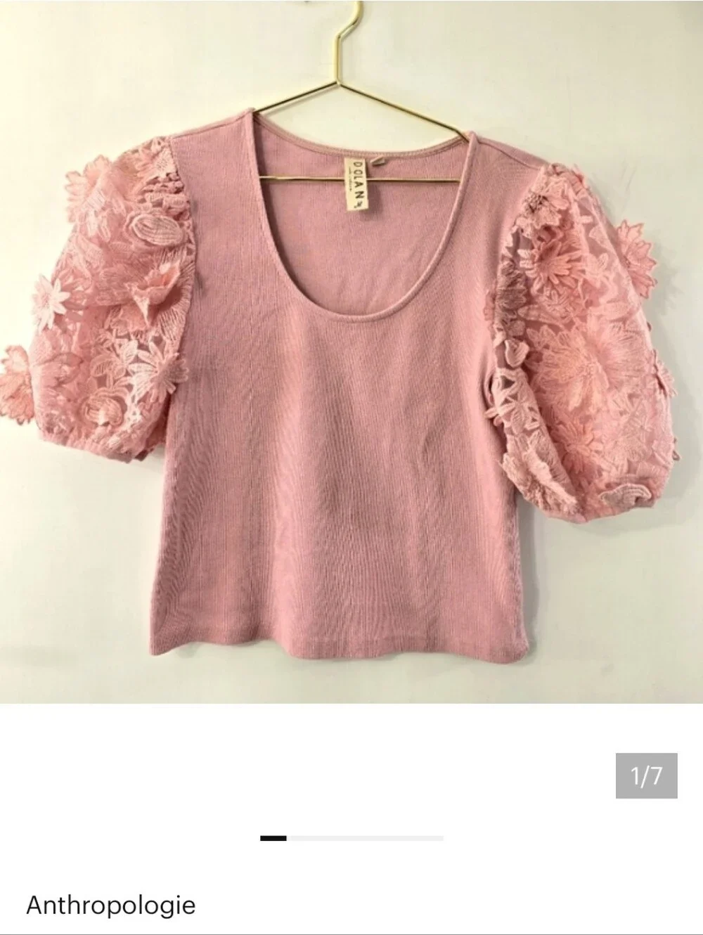 Anthropologie Dolan Left Coast Collection Crop Rib Puff 3D Lace Short Sleeve Top